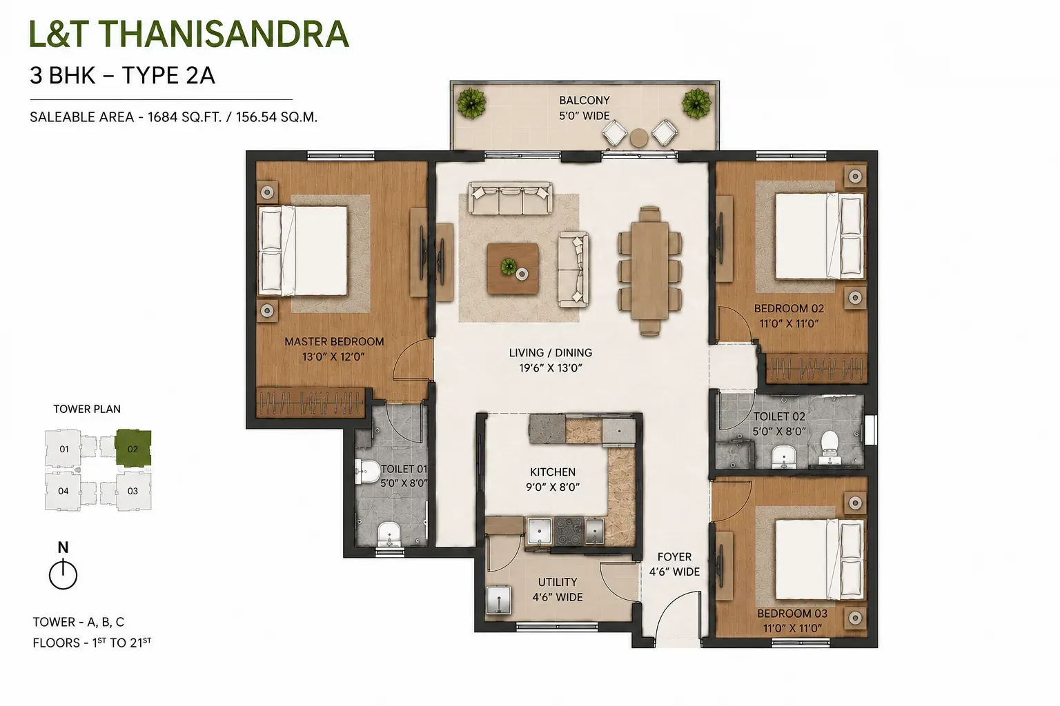 LNT Thanisandra 3 BHK Floor Plan